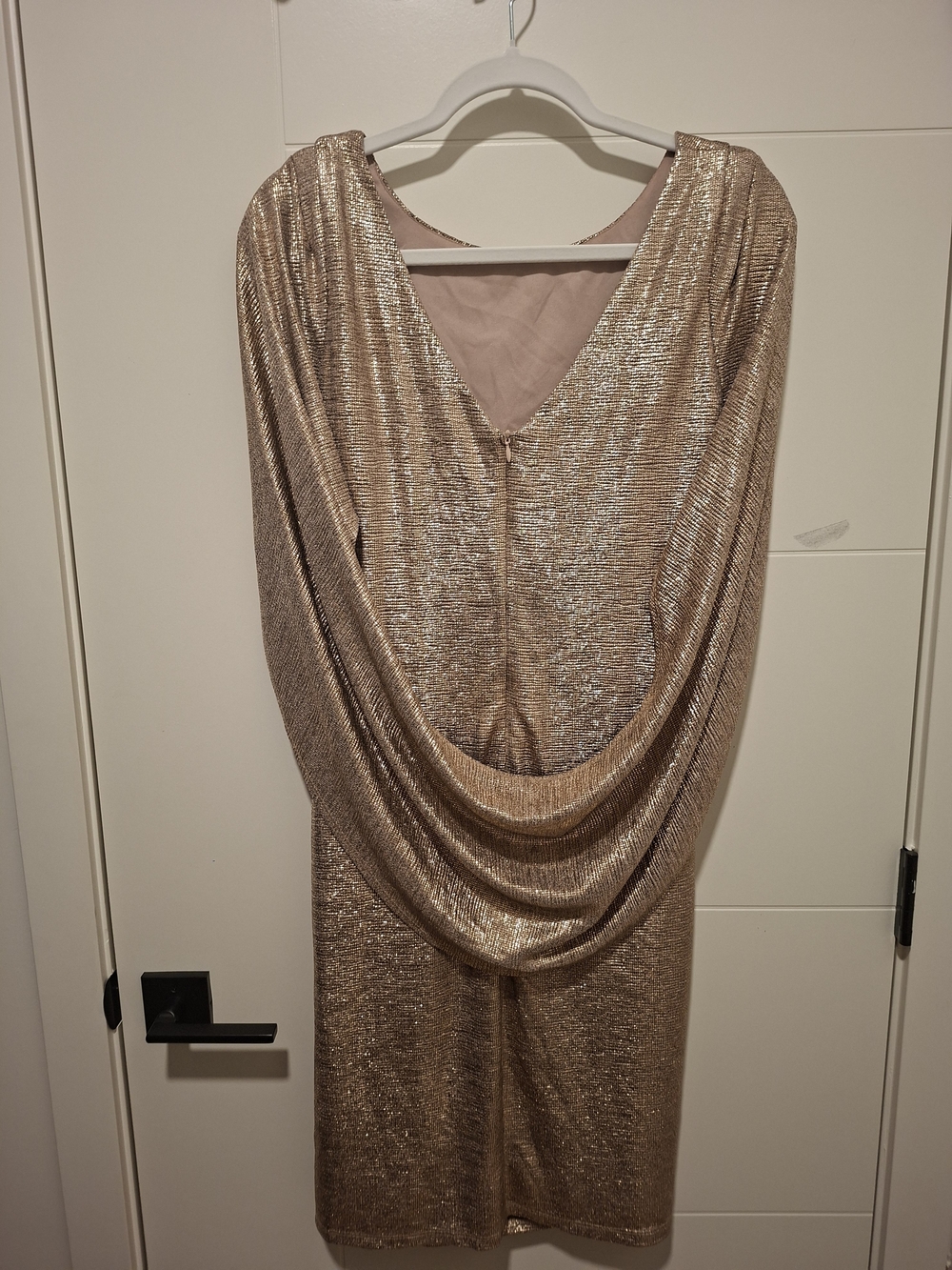 R&M Richards Metallic Gold Long Sleeve Draped Back Dress